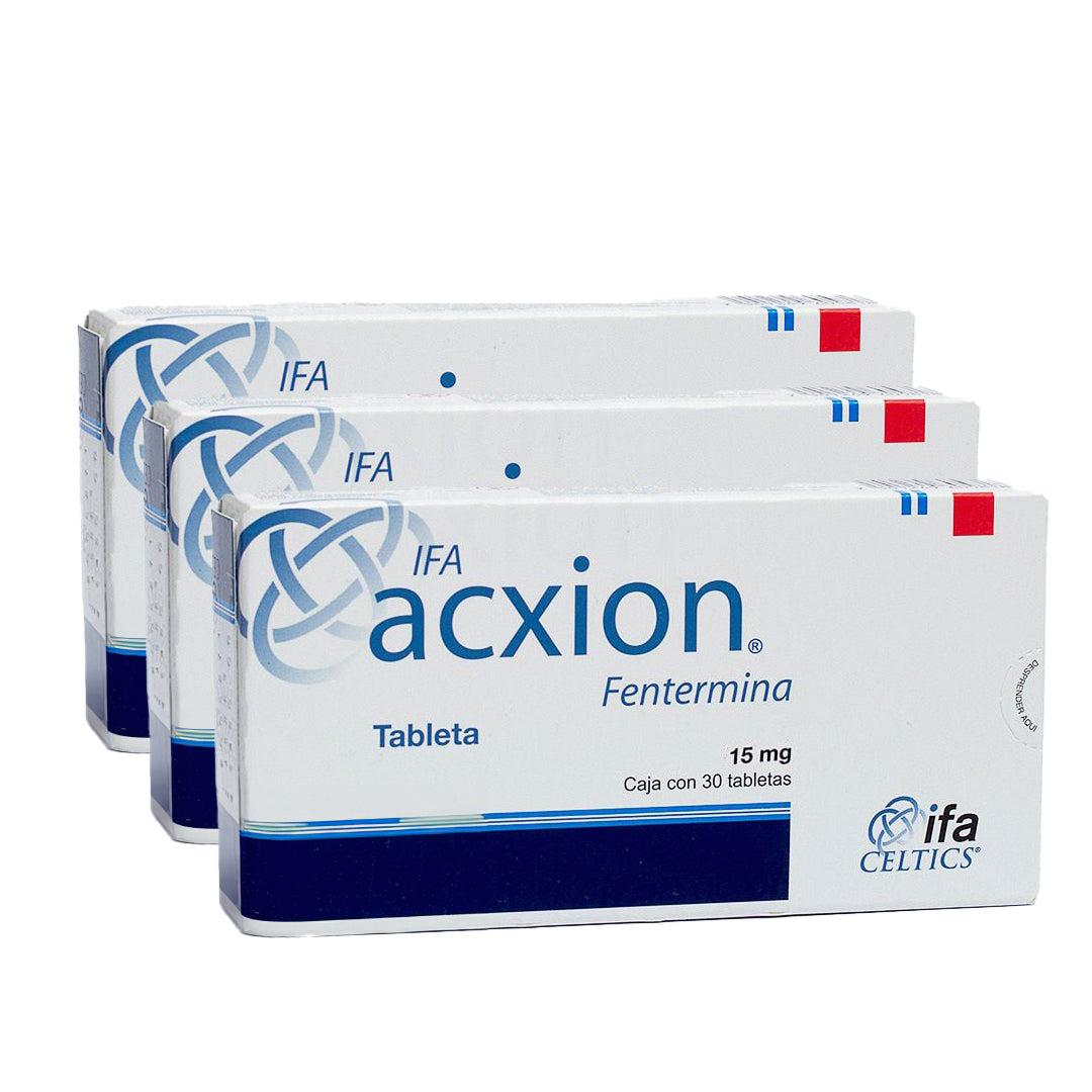 Paquete de 3 cajas de Acxion 15 mg tabletas para control de peso