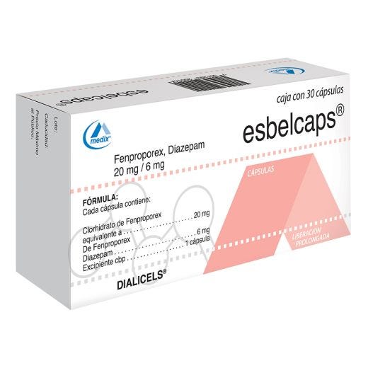 Paquete de Esbelcaps con Fenproporex y Diazepam 20 mg / 6 mg