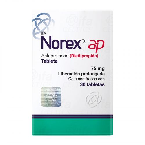 Paquete de Norex AP con Anfepramona (Dietilpropión) 75 mg, 30 tabletas